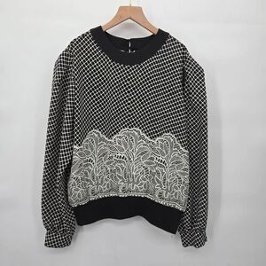 Vintage Andrea Gayle Blouse Size 12 Black White Lace Pattern Long Sleeve